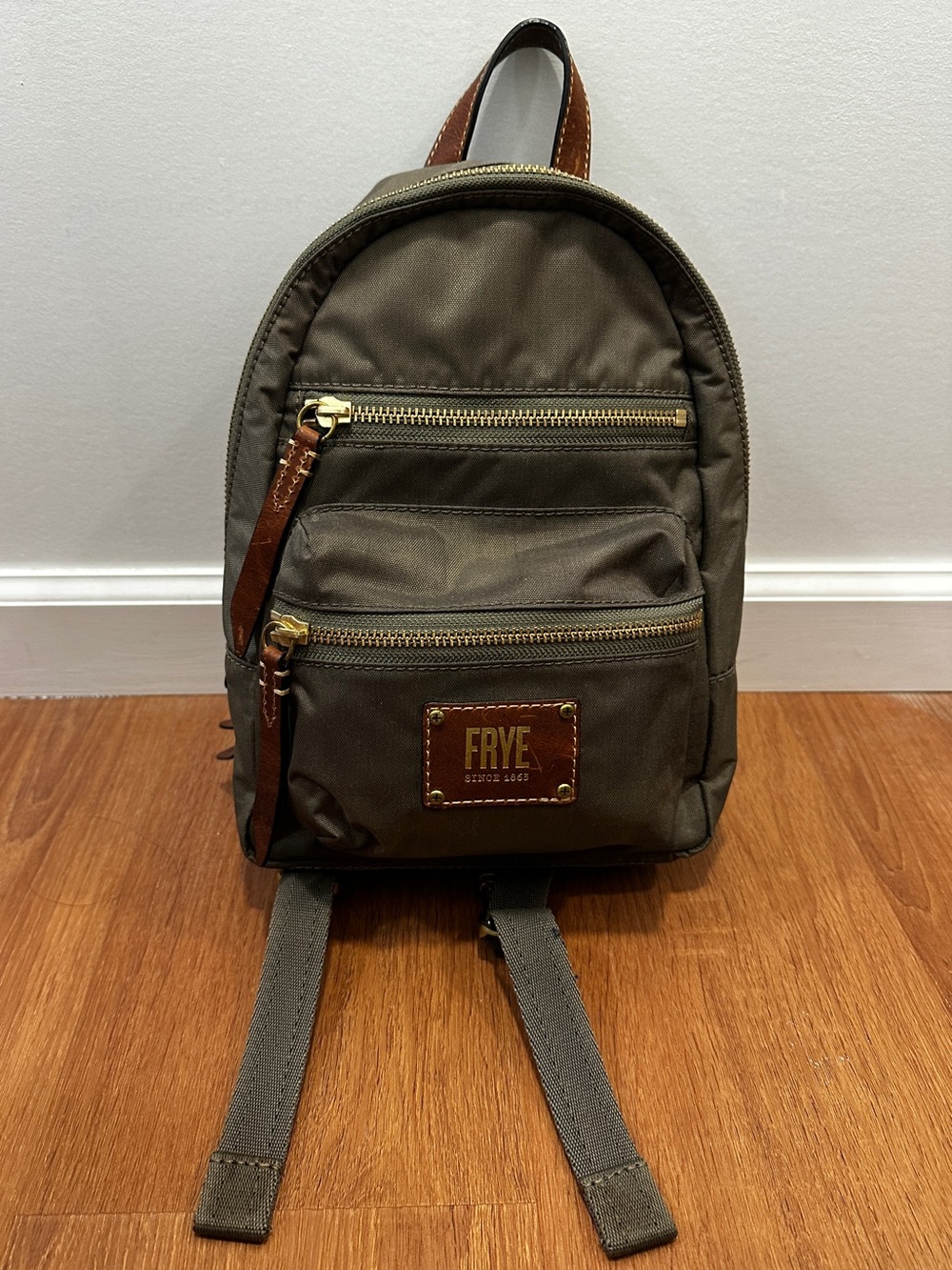 Frye  Mini Backpack with Leather Trim and Gold Hardware - olive